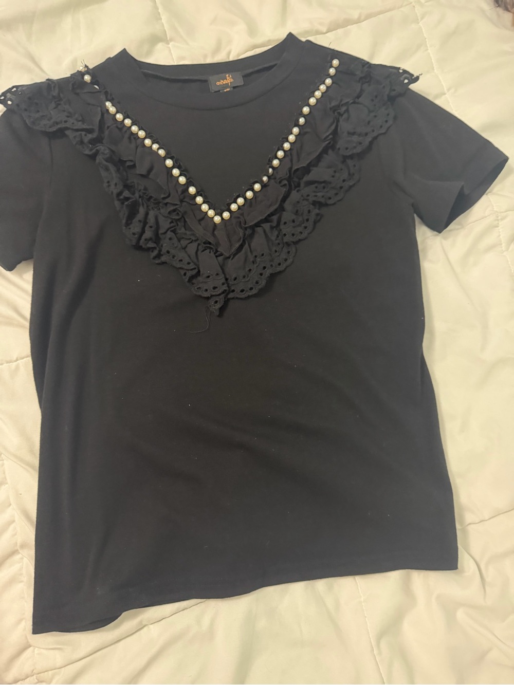 Black Ruffle Pearl-Trim Short Sleeve Top